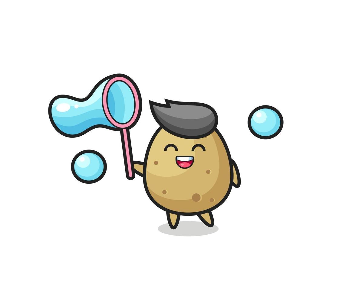 dessin animé de pomme de terre heureux jouant à la bulle de savon vecteur