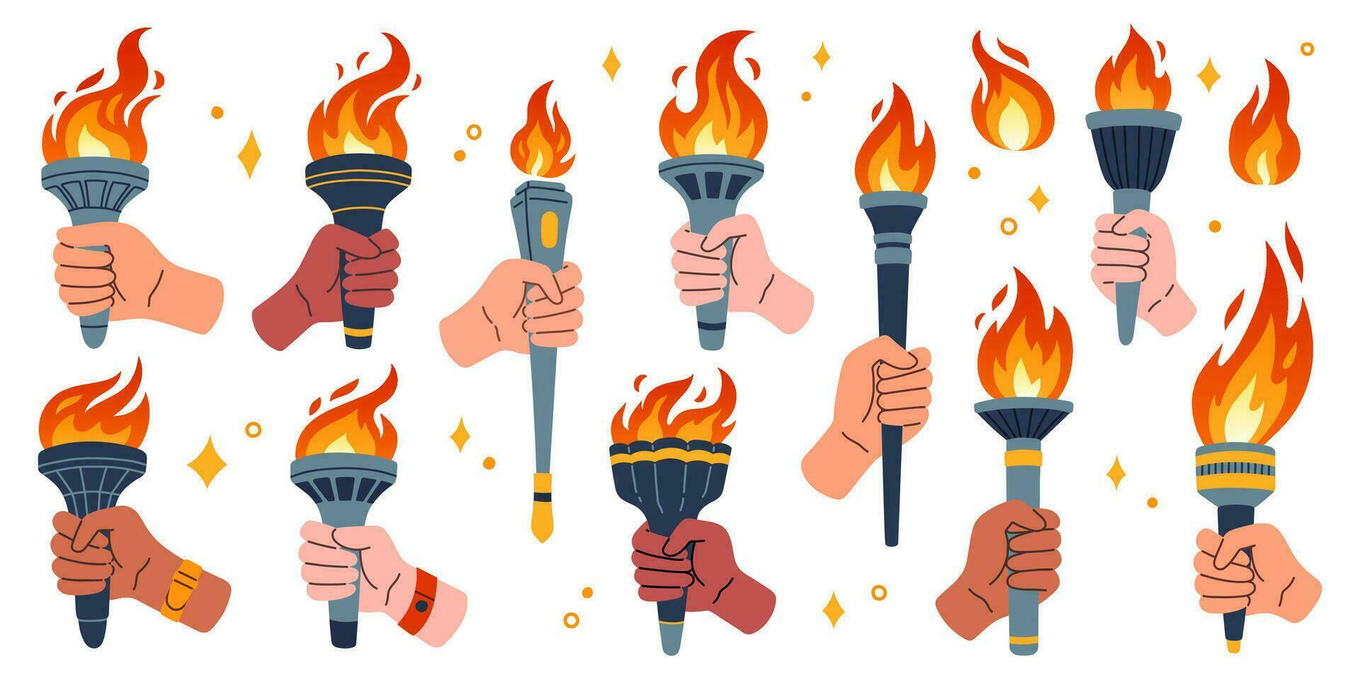 olympique torche ensemble. vecteur isolé brûlant torches flammes dans mains. symboles de relais course, compétition la victoire, champion ou gagnant. vecteur illustration