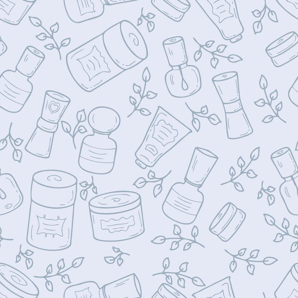 doodle des pots cosmétiques avec des étiquettes et des feuilles de modèle sans couture. vecteur
