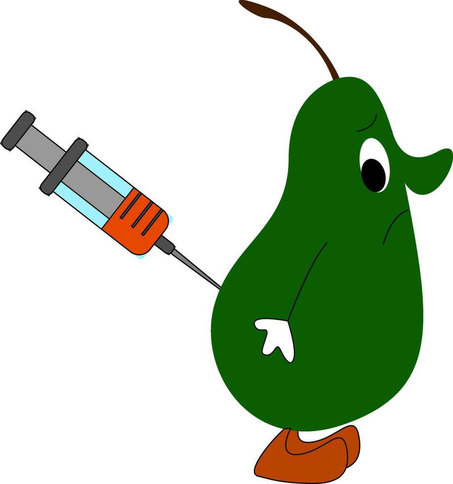 mignonne dessin animé image de le vert poire injecté avec le médical seringue aiguille à ses dos, vecteur ou Couleur illustration