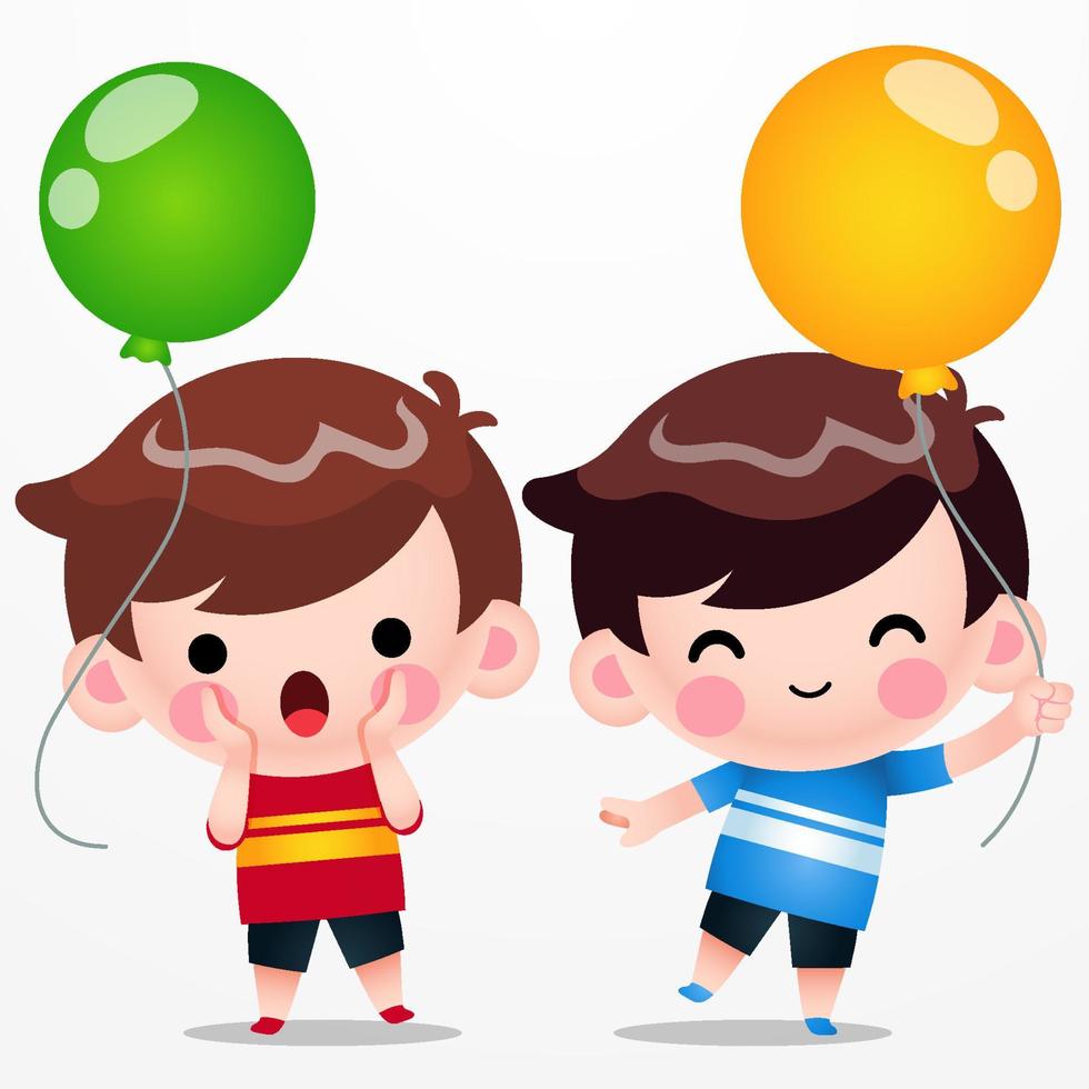 jumeaux de dessin animé mignon petit garçon tenant un ballon vecteur