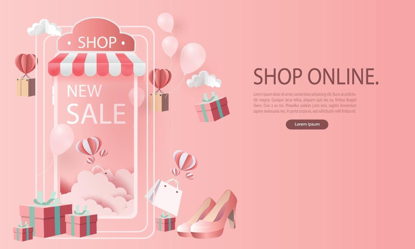 papier art shopping en ligne sur smartphone et nouveau fond rose de promotion de vente d'achat pour le concept de femmes de commerce électronique du marché des bannières. vecteur