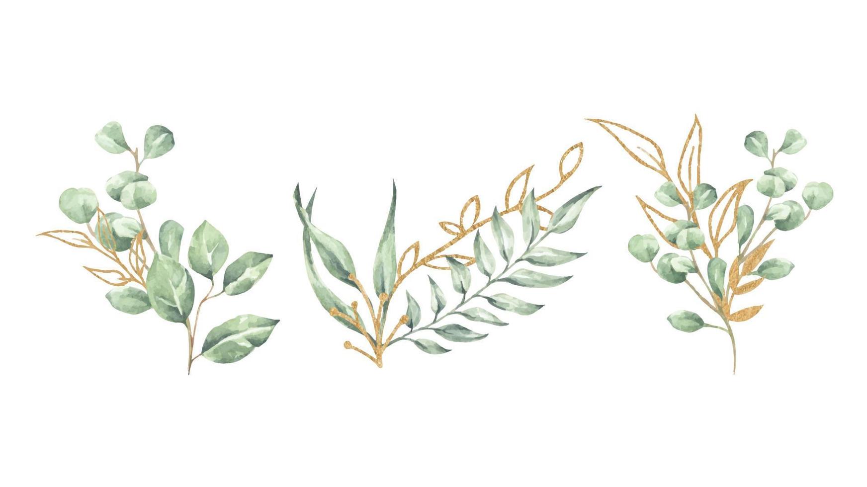 ensemble d'illustrations florales à l'aquarelle. collection de branches de feuilles vertes et dorées. vecteur