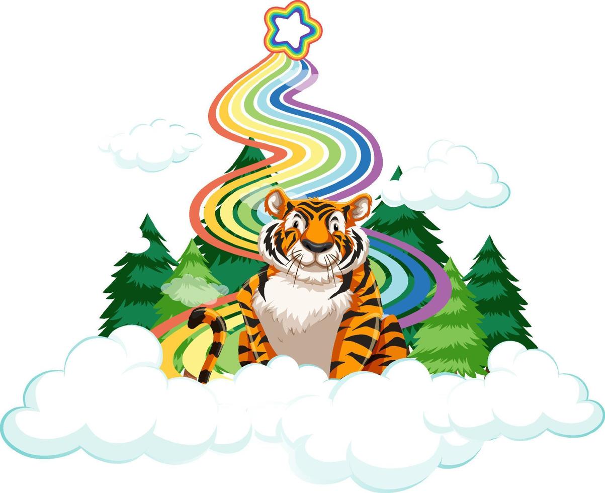 un tigre assis sur le nuage avec arc-en-ciel sur fond blanc vecteur