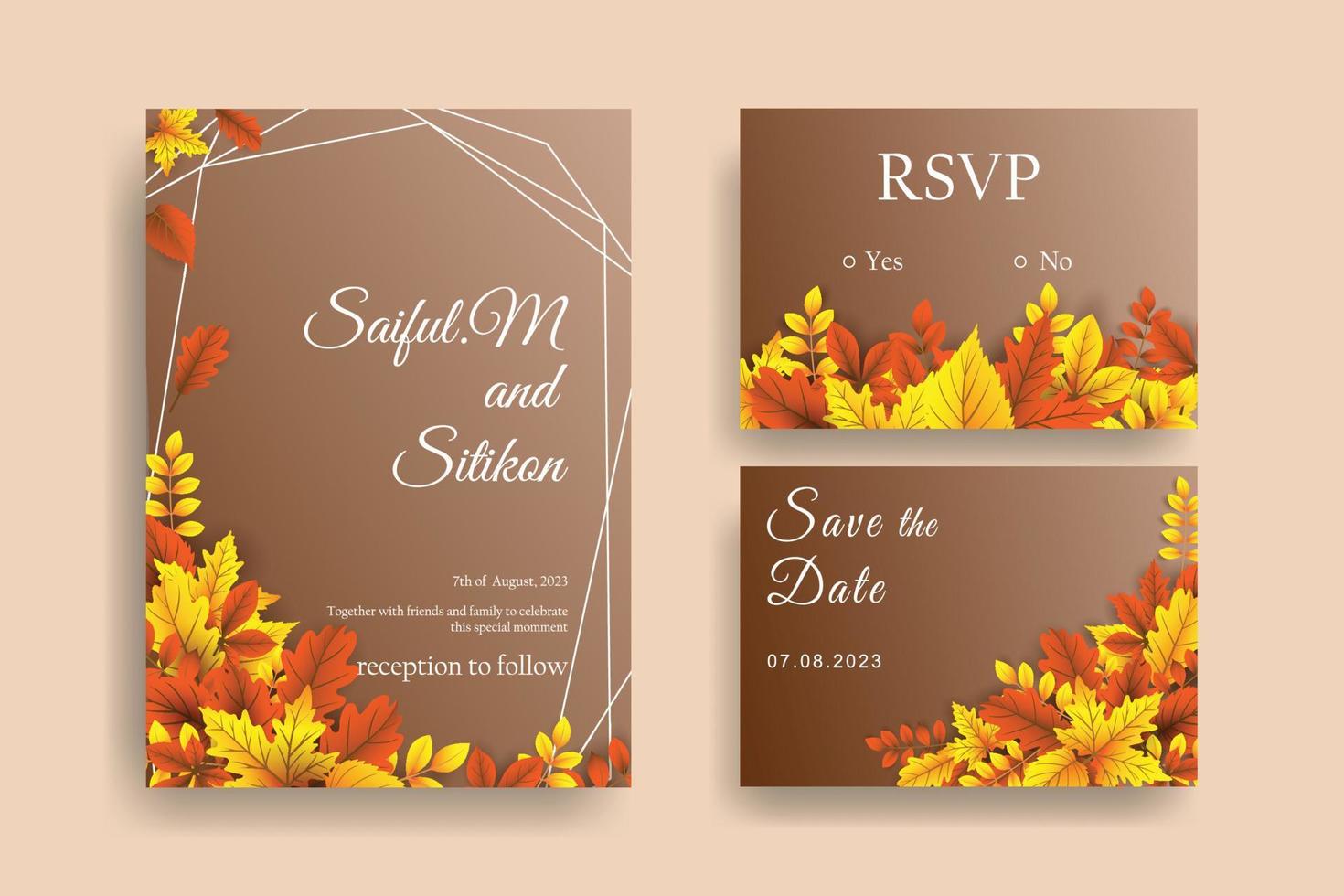 conception d'invitation de mariage d'automne avec des feuilles vectorielles réalistes. vecteur