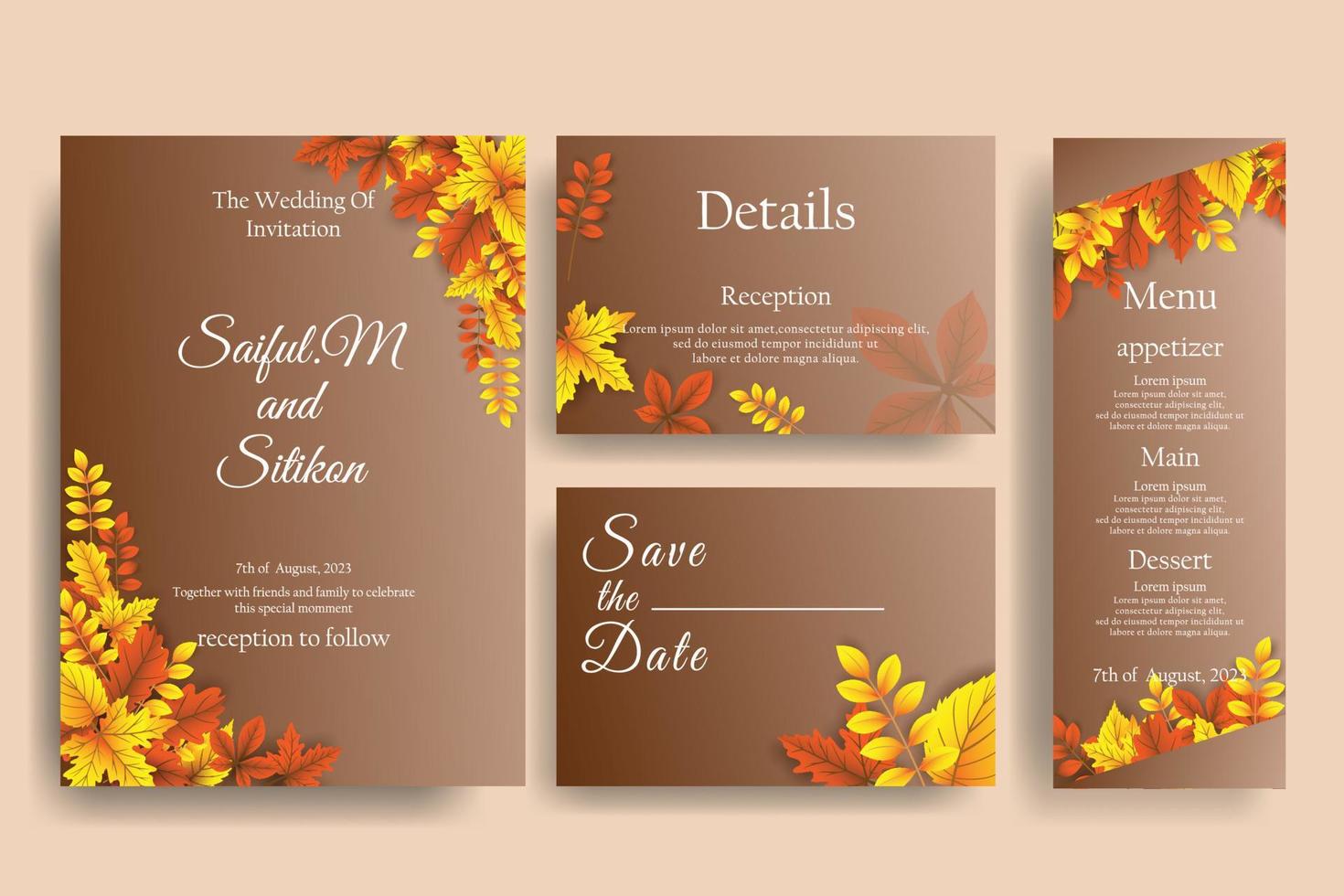 conception d'invitation de mariage d'automne avec des feuilles vectorielles réalistes. vecteur