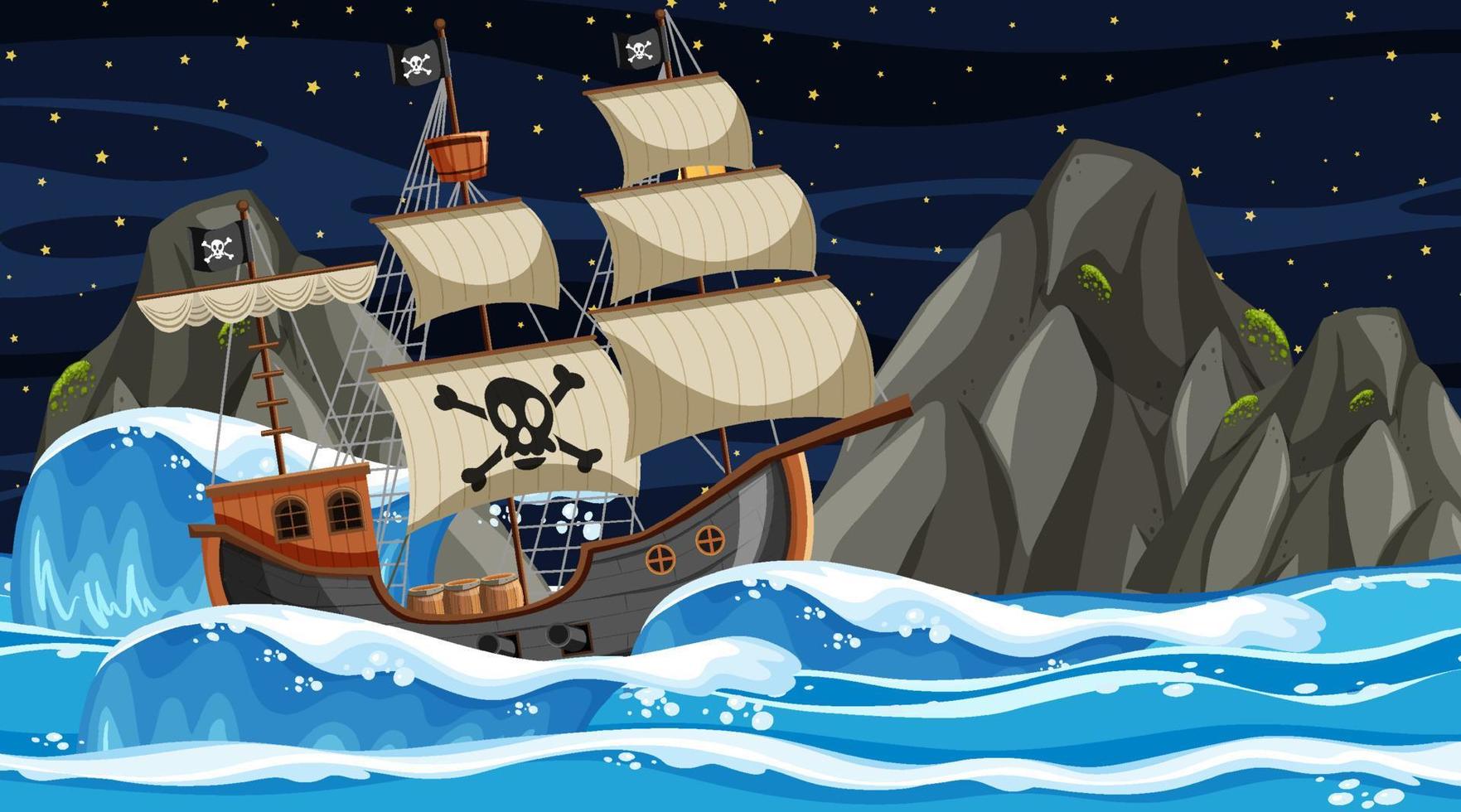 océan avec bateau pirate à la scène de nuit en style cartoon vecteur