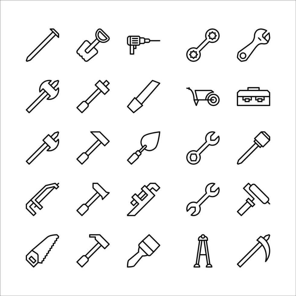 construction outil icône ensemble. ligne icône collection. contenant hache, percer et marteau Icônes. vecteur
