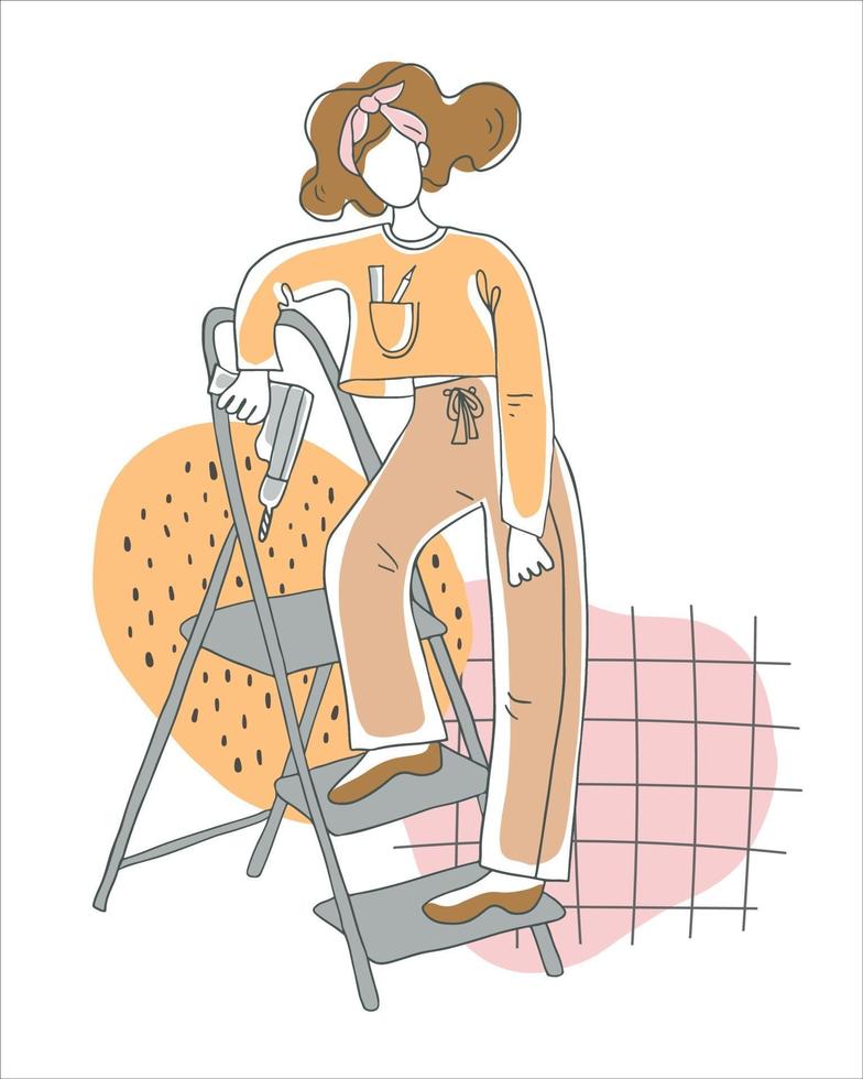 personnage féminin avec une perceuse sur un escabeau, concept de bricolage, illustration dessinée à la main vecteur