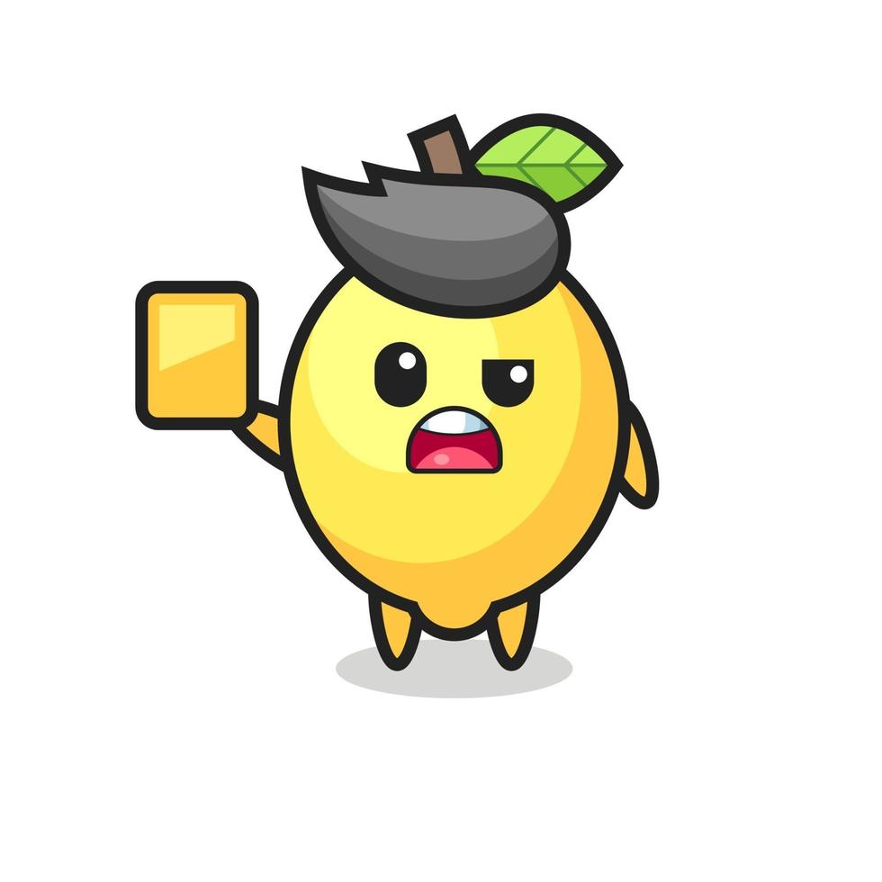 personnage de dessin animé de citron en tant qu'arbitre de football donnant un carton jaune vecteur
