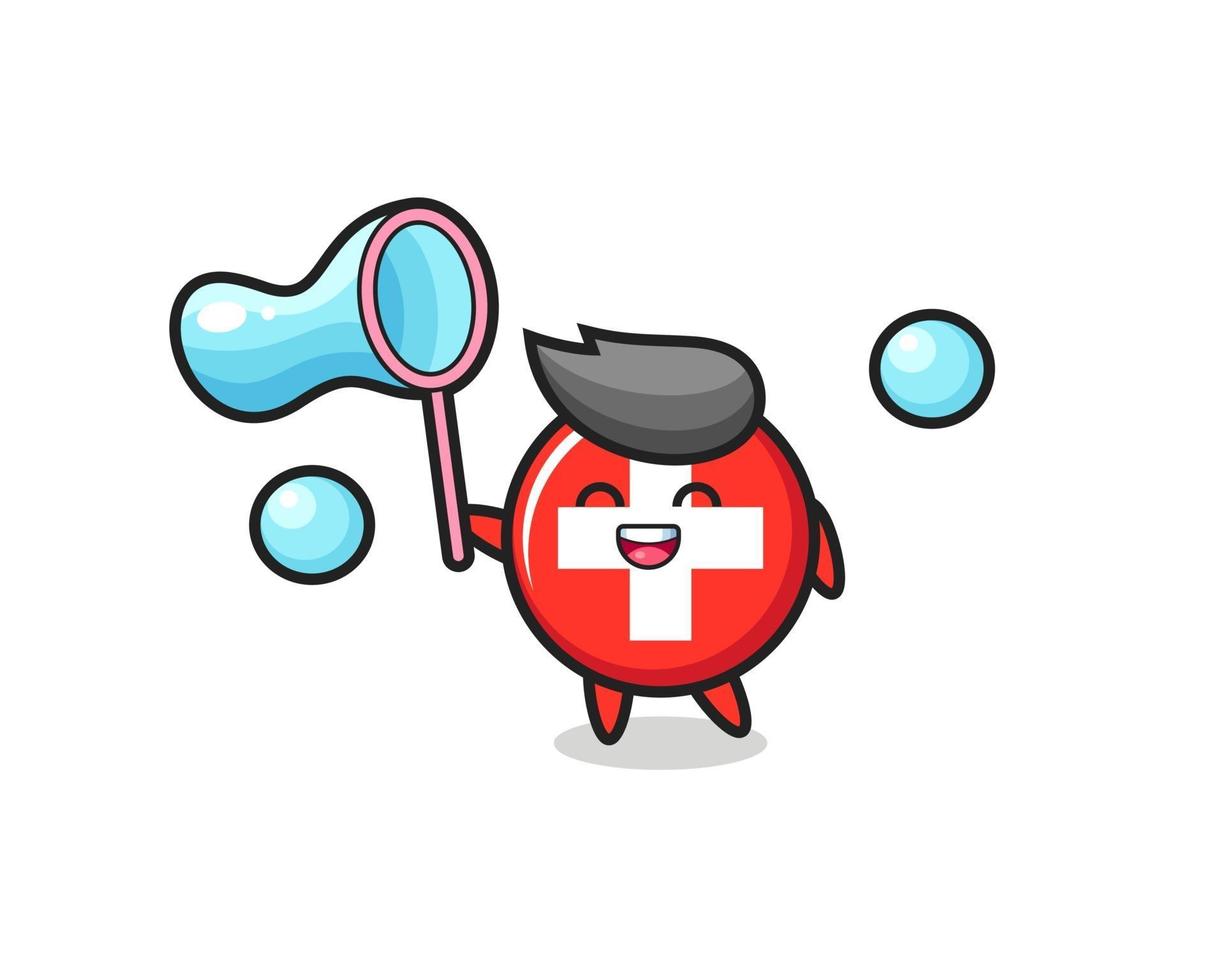 heureux drapeau suisse insigne dessin animé jouant à la bulle de savon vecteur