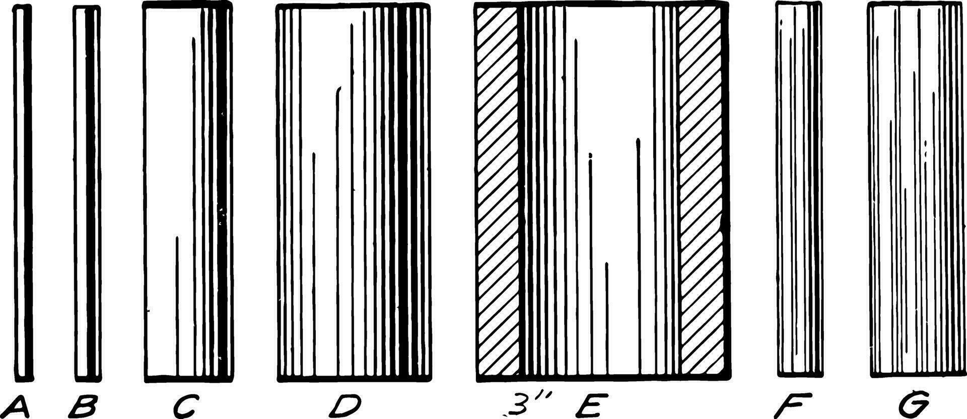 séries de cylindre ligne ombres Trois à dimensionnel rectangle ancien gravure. vecteur