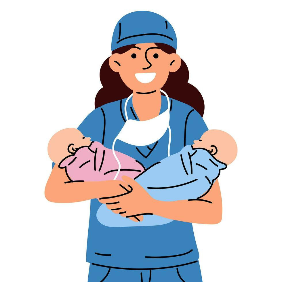 une sage-femme ou une médecin avec nouveau-nés. une femme infirmière, médecin ou sage-femme sourit dans une bleu uniforme, permanent en portant sexe différent nouveau née bébés dans sa bras dans une maternité hôpital vecteur illustration