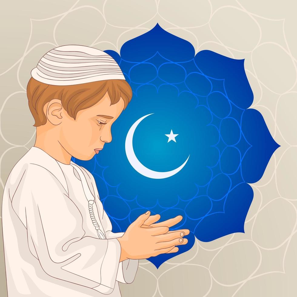 petit garçon musulman priant pendant le mois sacré du ramadan vecteur