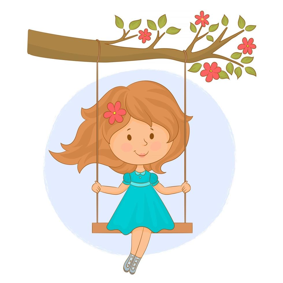 petite fille sur la balançoire. branche d'arbre avec des fleurs vecteur