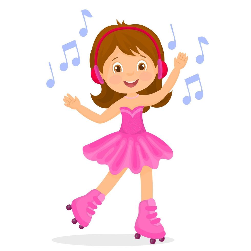 petite fille dans un tutu rose dansant avec des patins à roulettes et écoutant de la musique avec des écouteurs vecteur
