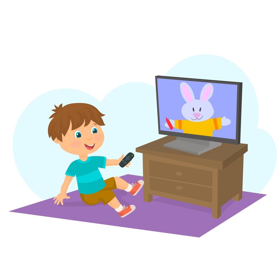 garçon regardant des dessins animés à la télévision avec télécommande en main vecteur