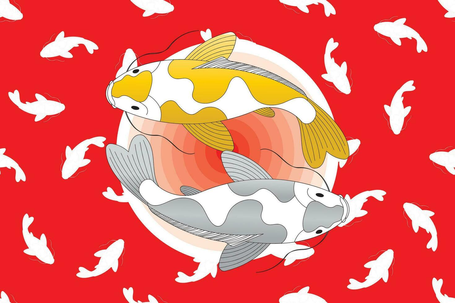 illustration de or et argent koi poisson sur gardient cercle avec petit poisson sur rouge Contexte. vecteur