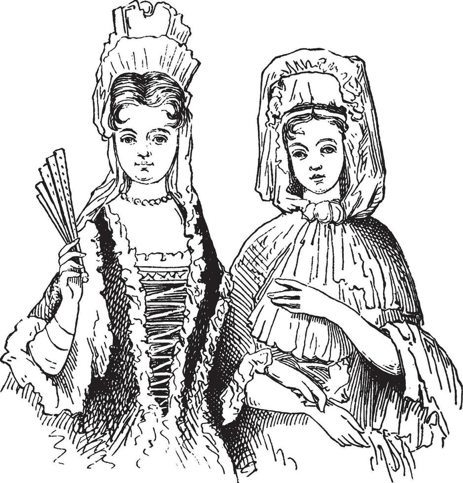 femelle costumes dans 18e siècle, ancien illustration. vecteur