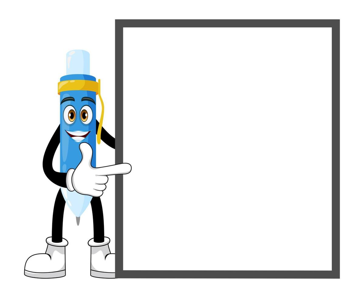 personnage de stylo mascotte debout et pointant vers un panneau d'affichage vierge isolé vecteur