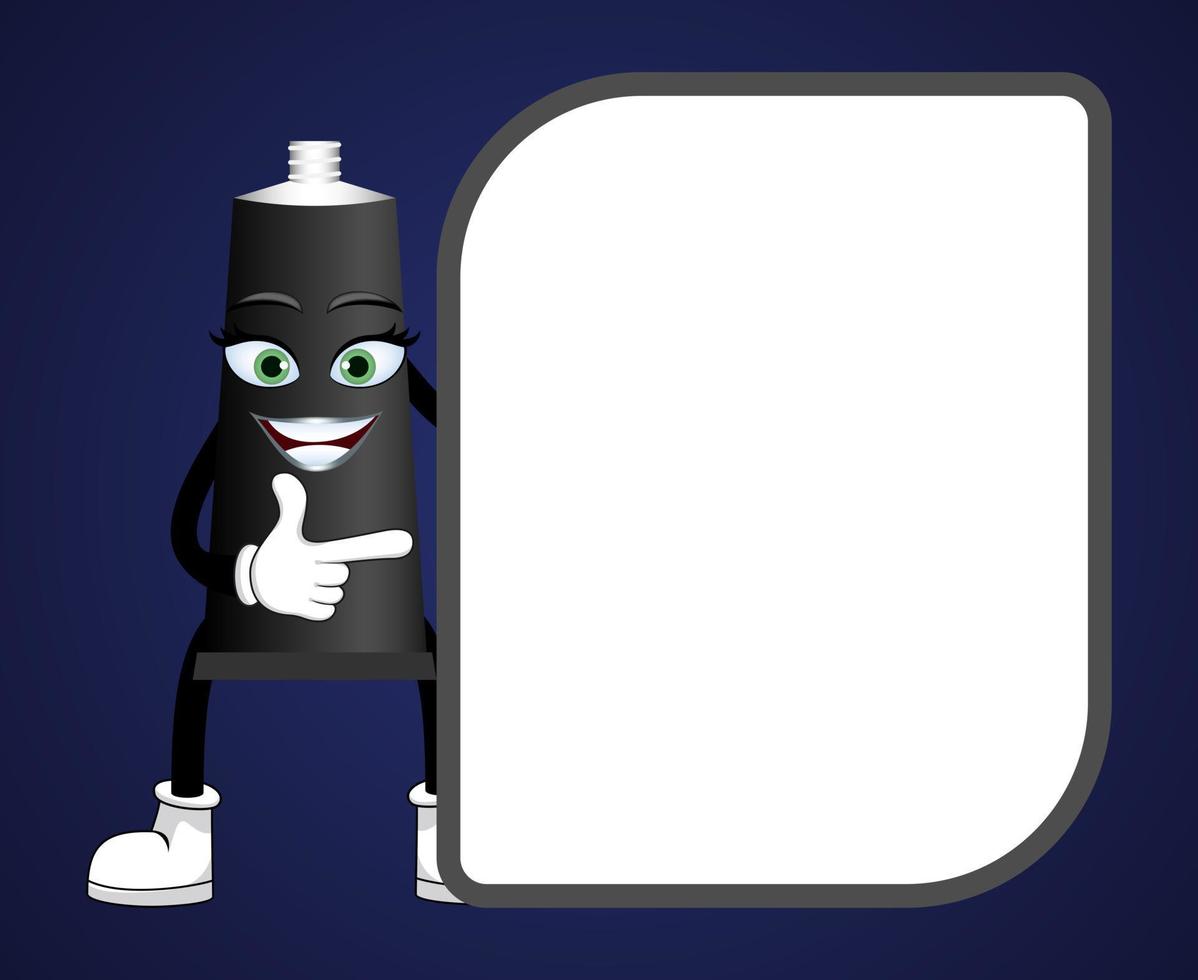 Personnage de tube de couleur de peinture de mascotte debout et agitant du doigt une plaque de panneau vierge isolée vecteur