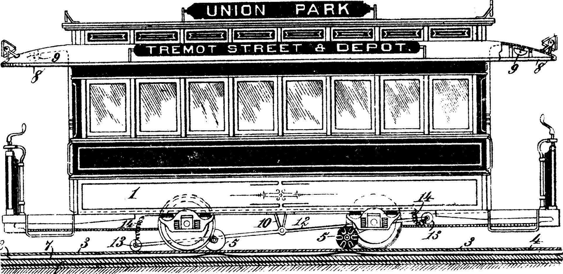 syndicat parc chemin de fer voiture sur une rail transport système, ancien illustration. vecteur