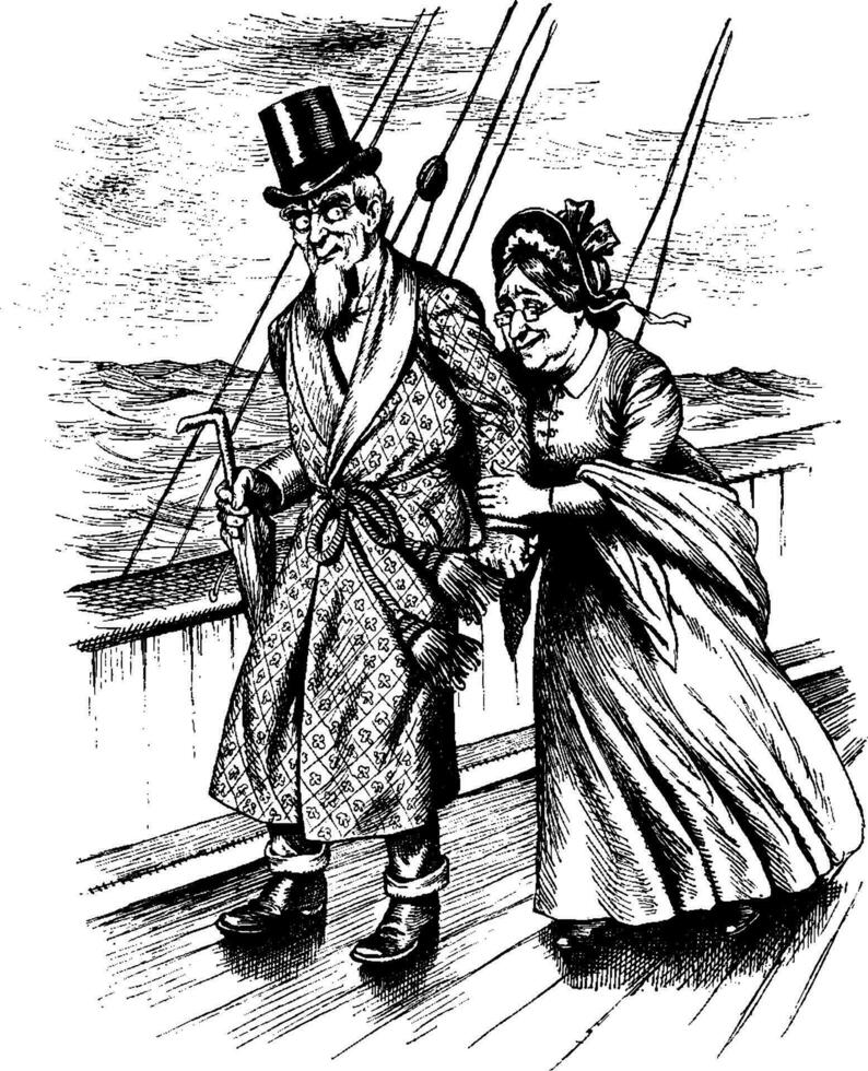 homme et femme en marchant sur pont, ancien illustration vecteur