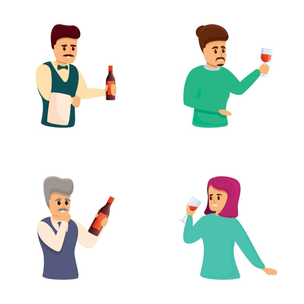 du vin dégustation Icônes ensemble dessin animé vecteur. gens en portant bouteille et verre de vin vecteur