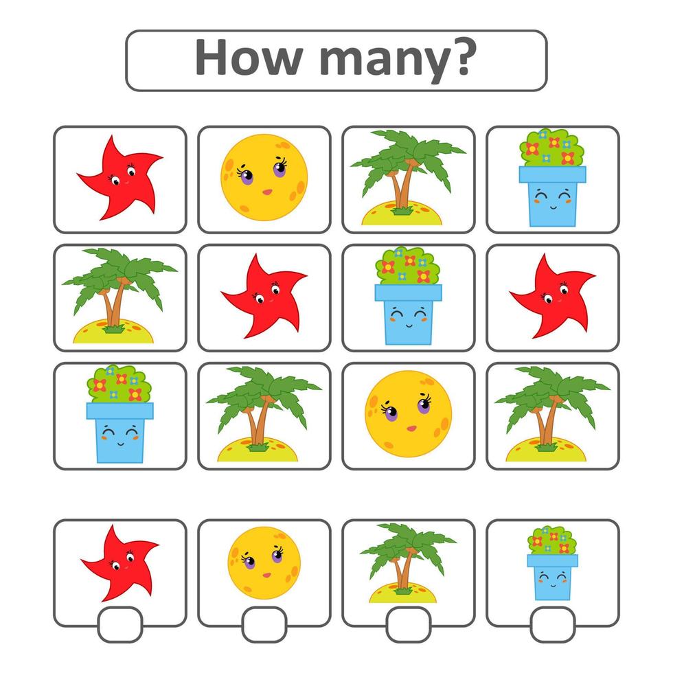 jeu de comptage pour les enfants d'âge préscolaire pour le développement des capacités mathématiques. compter le nombre d'objets dans l'image. avec une place pour les réponses. illustration vectorielle simple plat isolé. vecteur