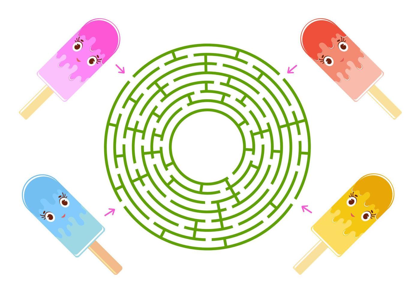 labyrinthe rond coloré avec un joli personnage de dessin animé. crème glacée drôle. un jeu intéressant et utile pour les enfants. illustration vectorielle plane simple isolée sur fond blanc. vecteur