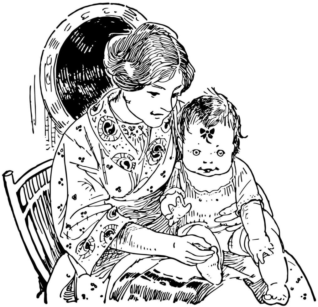 mère en portant enfant sur tour ancien illustration. vecteur
