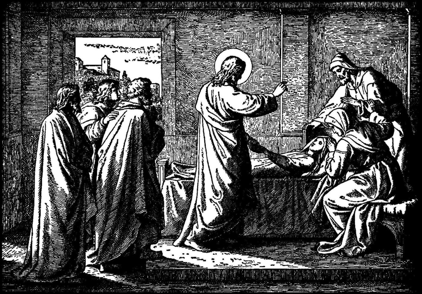 Jésus ressuscite le fille de Jaïrus, règle de le synagogue ancien illustration. vecteur