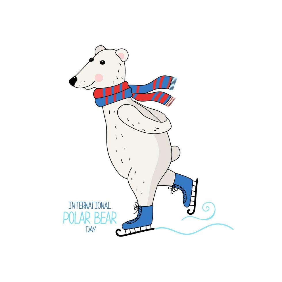 hiver sport. dessin animé polaire ours patinage. international polaire ours journée. caractères, une inscription. la glace patinage. Arctique animal. vecteur