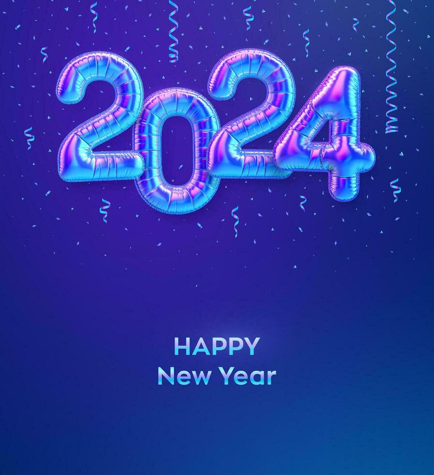 content Nouveau année 2024. coloré déjouer ballon Nombres sur bleu Contexte. haute détaillé 3d iridescent déjouer hélium des ballons. joyeux Noël et content Nouveau année 2024 salutation carte. vecteur illustration.