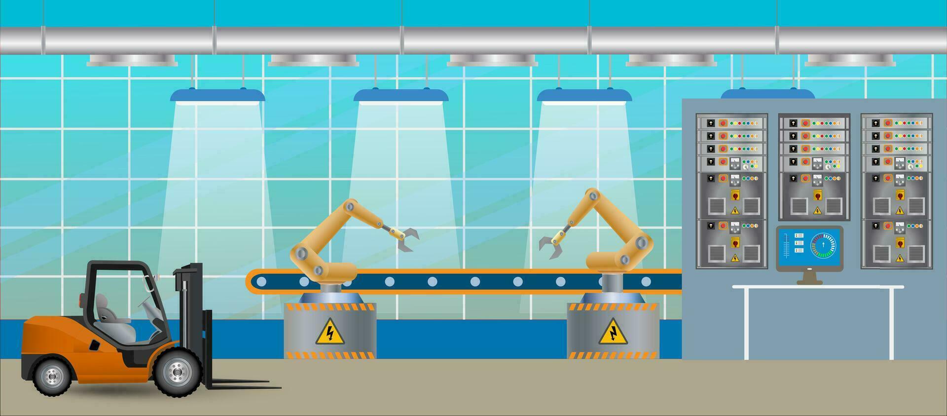 intelligent industrie 4.0 avec robot bras et convoyeur ceinture, l'Internet de des choses concept. vecteur illustration.