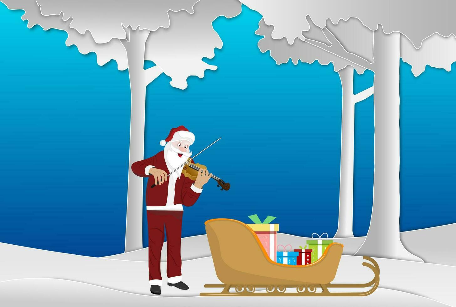 joyeux Noël et content Nouveau année avec Père Noël claus jouer violon et traîneau. composition dans papier Couper style. vecteur illustration.