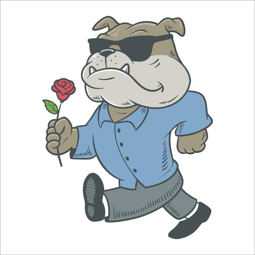 dessin animé illustration de une bouledogue en portant une Rose vecteur