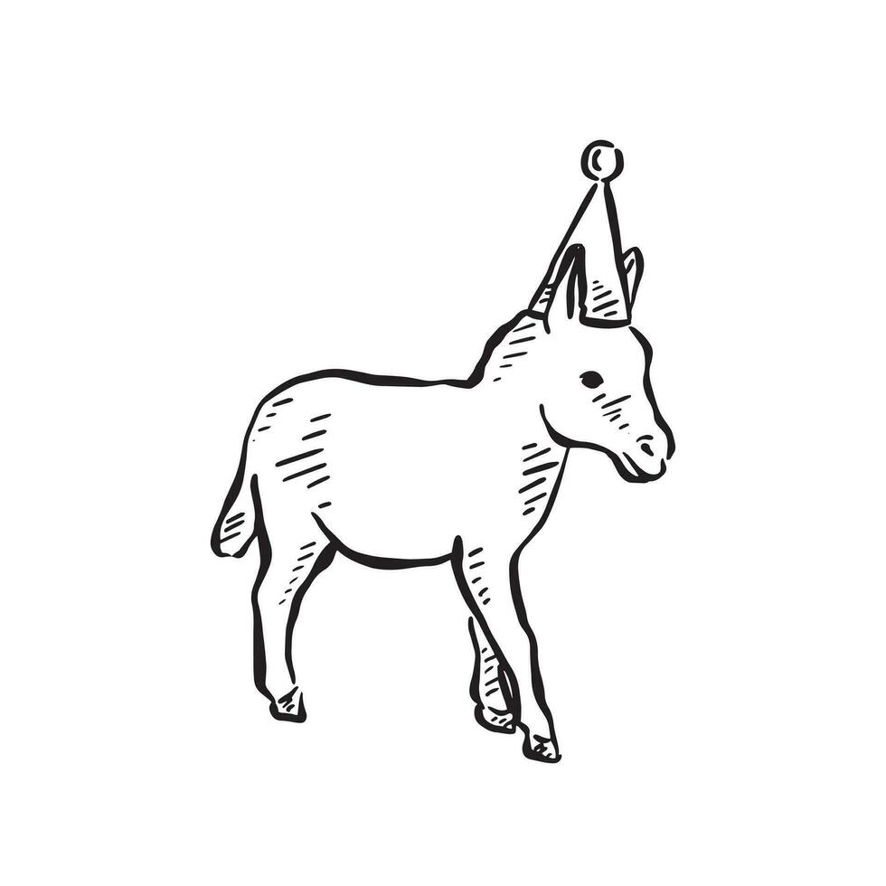 ligne tiré bébé âne portant une fête chapeau. main tiré sur procréer. une mignonne illustration pour bébé douche invitation ou enfants faire la fête. vecteur