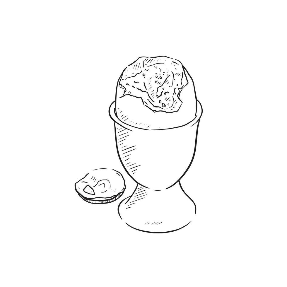 une ligne tiré illustration de une bouilli Oeuf dans un Oeuf tasse, avec le Haut de le Oeuf pris de et prêt à manger. main tiré dans une vague style. vecteur