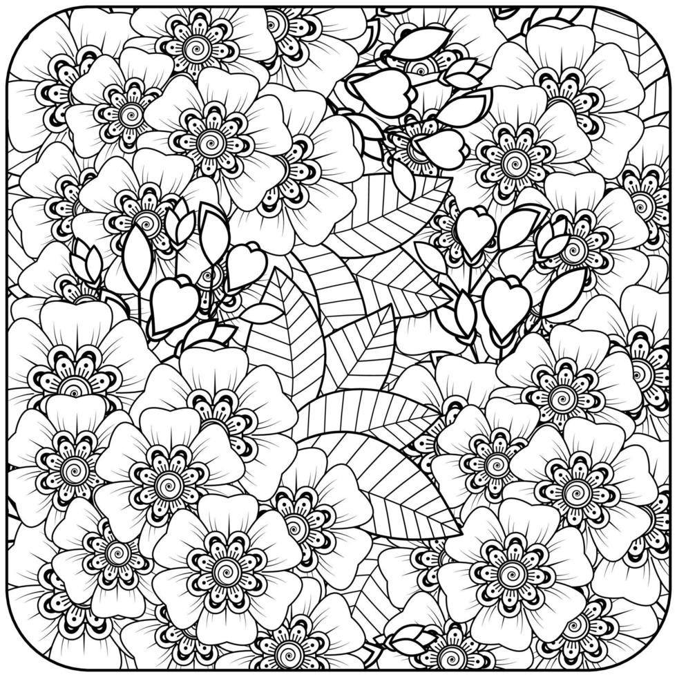 esquisser le motif de fleurs carrées dans le style mehndi pour la page du livre de coloriage vecteur