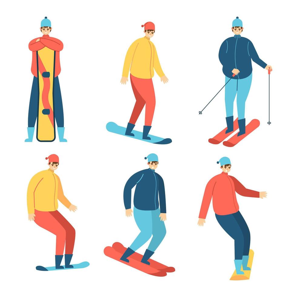 personnages dans diverses poses de ski et de snowboard vecteur