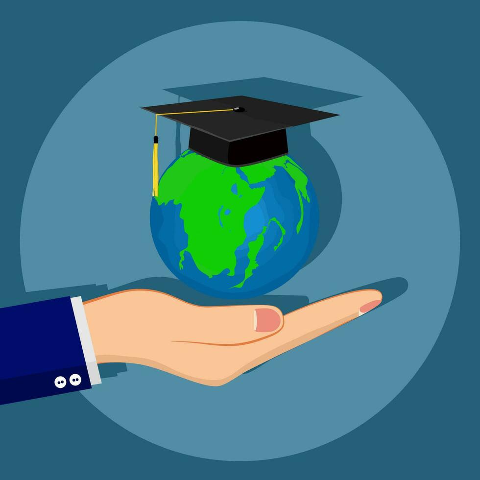 global et l'obtention du diplôme casquette dans main. global affaires étude. à l'étranger éducatif. vecteur illustration