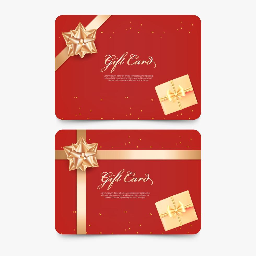 Carte-cadeau rouge 3d avec arc et ruban dorés. vecteur