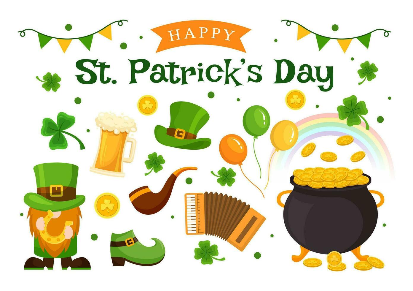 content st patrick's journée vecteur illustration sur 17 Mars avec d'or pièces de monnaie, vert chapeau, Bière pub et trèfle dans plat dessin animé Contexte conception