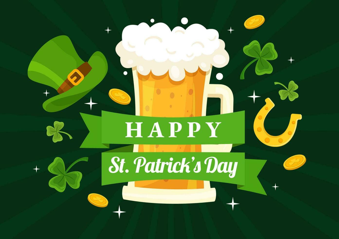 content st patrick's journée vecteur illustration sur 17 Mars avec d'or pièces de monnaie, vert chapeau, Bière pub et trèfle dans plat dessin animé Contexte conception