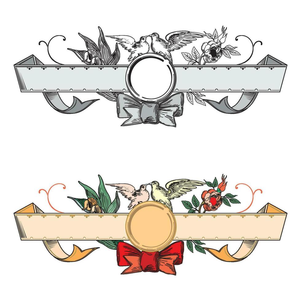 main tiré horizontal bannières ensemble avec rétro style rubans décoration éléments avec des oiseaux isolé vecteur illustration