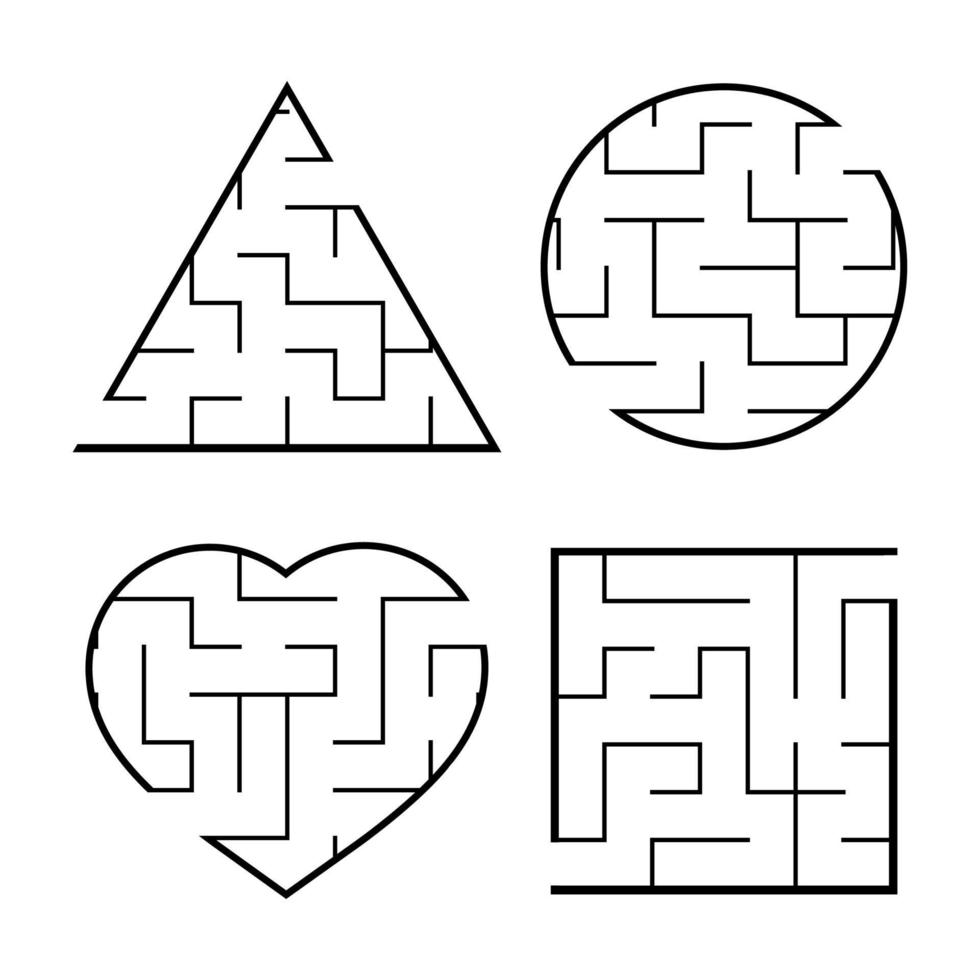 un ensemble de labyrinthes faciles. cercle, carré, triangle, coeur. jeu pour les enfants. casse-tête pour les enfants. une entrée, une sortie. énigme du labyrinthe. illustration vectorielle plane isolée sur fond blanc. vecteur