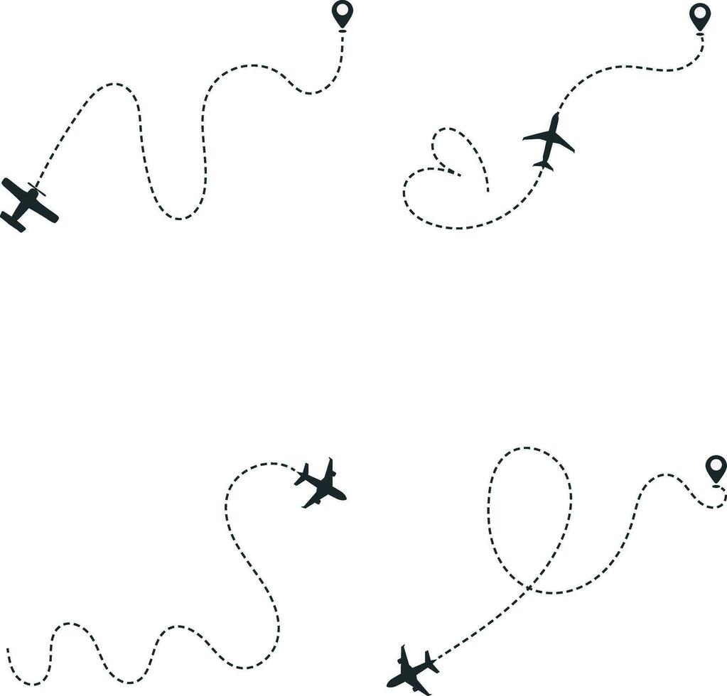 ensemble de avion pointé. avec début point et tiret ligne trace. isolé vecteur illustration.