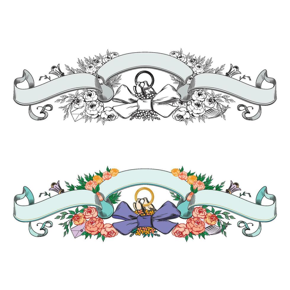 main tiré horizontal bannières ensemble avec rétro style rubans décoration éléments avec oiseau isolé vecteur illustration