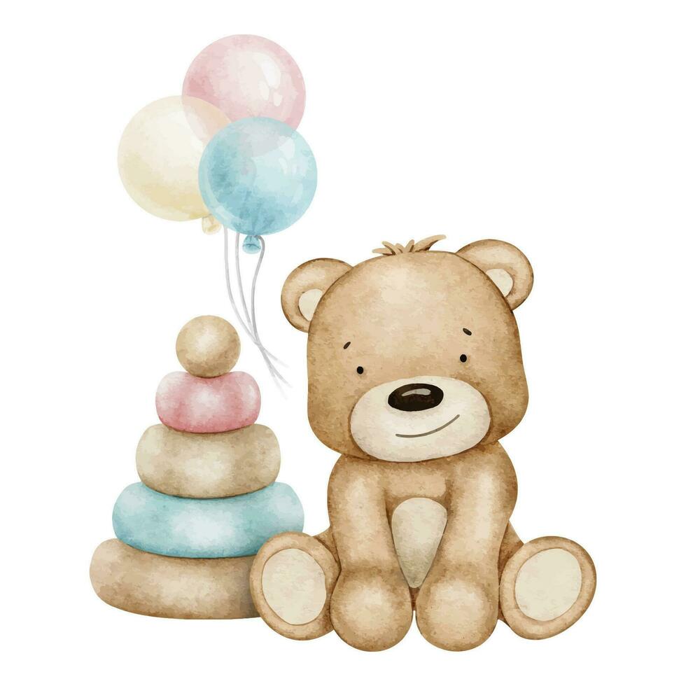 de bébé jouets. en bois pyramide, air des ballons et nounours ours. aquarelle illustration. isolé. clipart pour des gamins marchandises, des gamins boutique, cartes, bébé douche, enfants pièce et jouet vecteur